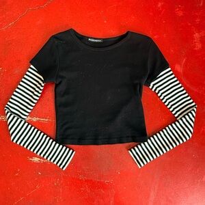 Brandy Melville Black and White Striped Sleeve Top